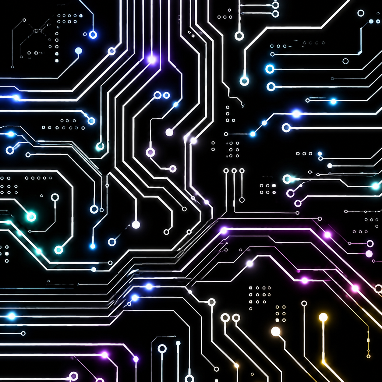 Abstract circuit-board pattern illuminated in violet, blue, and cyan